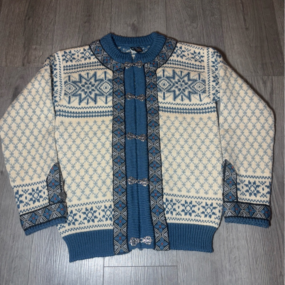 DALE OF NORWAY Beige 100% Pure Wool Knit Clasp Ski Cardigan Sweater size small